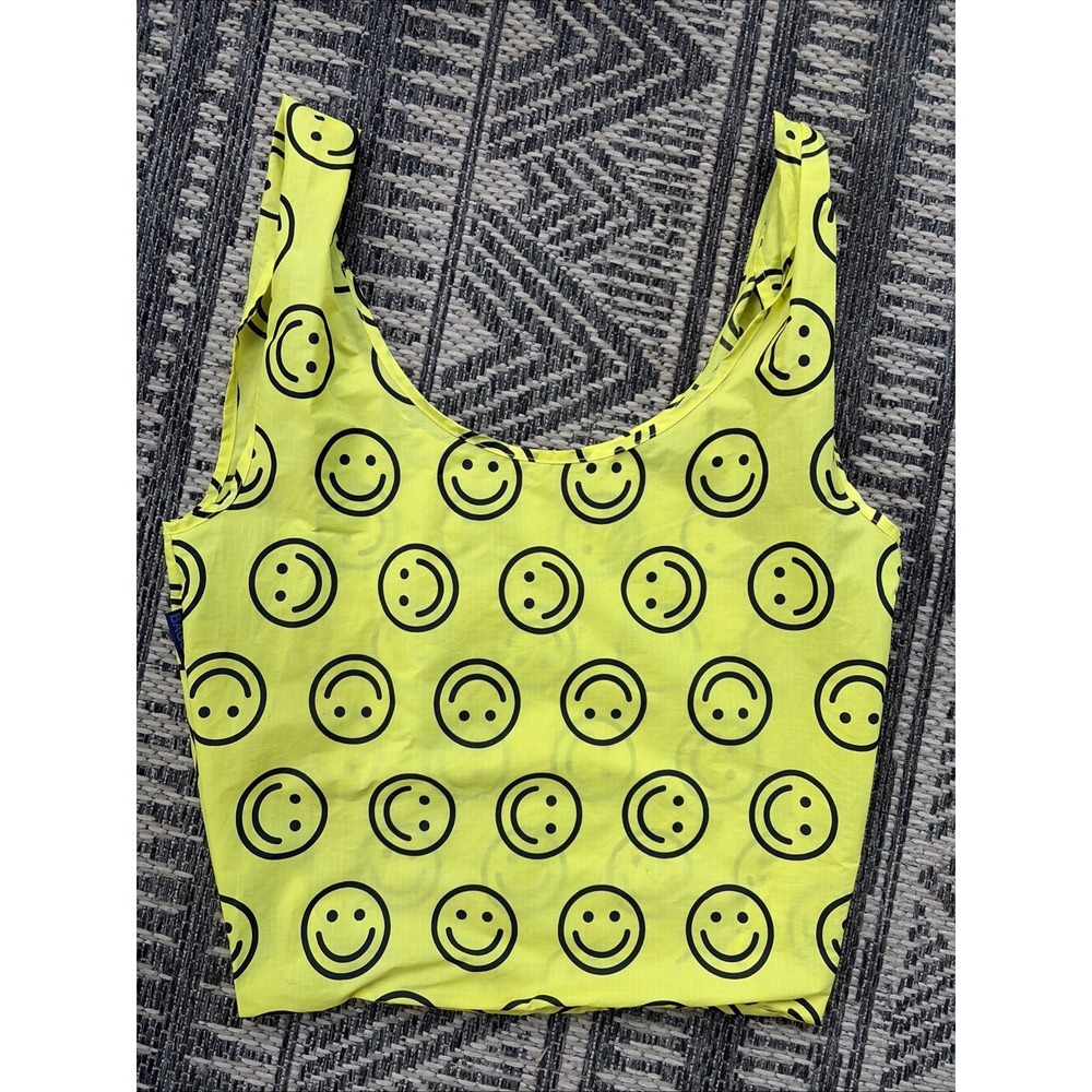 Baggu Yellow Happy Smiley Face Reusable Ripstop Shopping Tote Bag Standard Size